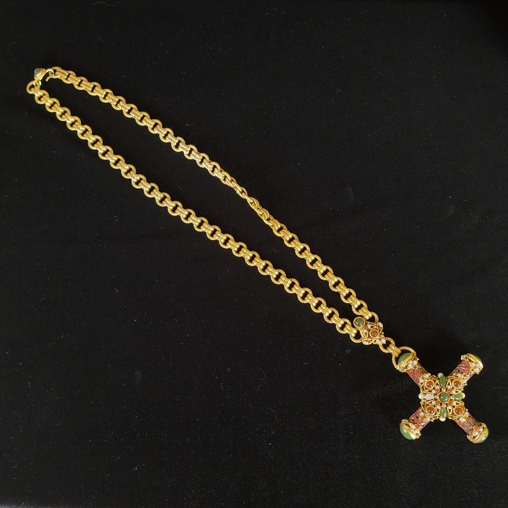 BARRERA Vintage Baroque Multistone Gold Toned Cross Necklace